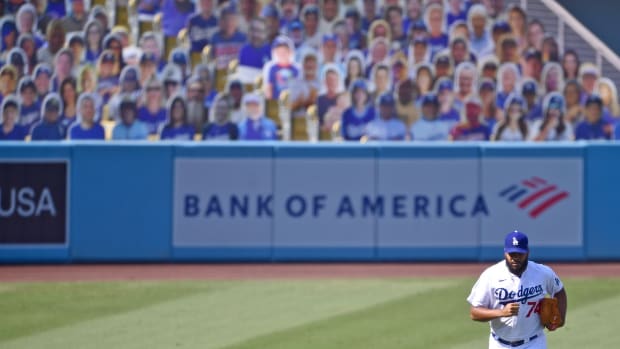 Sep 27, 2020; Los Angeles, California, USA; Los Angeles Dodgers relief pitcher Kenley Jansen (74) pitches a scoreless ninth inning to defeat the Los Angeles Angels at Dodger Stadium. Mandatory Credit: Jayne Kamin-Oncea-USA TODAY Sports